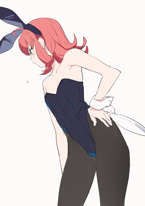 1girl ahoge animal_ears arashi_(kantai_collection) black_legwear black_leotard bunny_tail bunnysuit cowboy_shot dutch_angle flat_chest from_below kantai_collection leotard looking_away messy_hair pantyhose rabbit_ears redhead short_hair simple_background sohin solo standing strapless strapless_leotard tail white_background wrist_cuffs