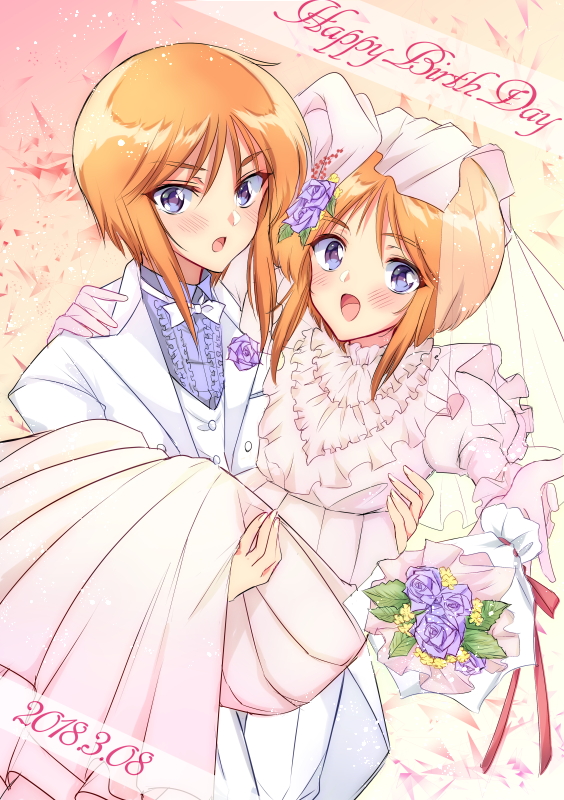 2girls bouquet bow bowtie bridal_veil bride carrying clone crossdressinging dated dress elpeo_puru flower frilled_dress frills gradient gradient_background gundam gundam_zz happy_birthday hato-as long_sleeves looking_at_viewer multiple_girls open_mouth orange_hair princess_carry puru_two reverse_trap short_hair sidelocks standing tuxedo veil violet_eyes wedding_dress