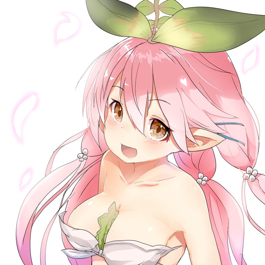1girl bare_shoulders between_breasts bikini bikini_top blush breasts brown_eyes cleavage collarbone eyebrows_visible_through_hair glowing granblue_fantasy hair_ornament heart leaf_hair_ornament looking_at_viewer low_twintails medium_breasts pink_hair ra_i shiny shiny_hair simple_background solo strapless strapless_bikini swimsuit tri_tails twintails upper_body white_background white_bikini yggdrasill_(granblue_fantasy)
