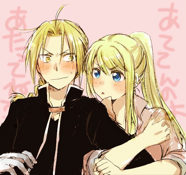 1boy 1girl black_shirt blonde_hair blue_eyes blush braid commentary earrings edward_elric eyebrows_visible_through_hair fullmetal_alchemist gloves jacket jewelry locked_arms long_hair looking_at_another nervous open_mouth pink_background ponytail shirt simple_background sweatdrop translation_request tsukuda0310 white_shirt winry_rockbell yellow_eyes