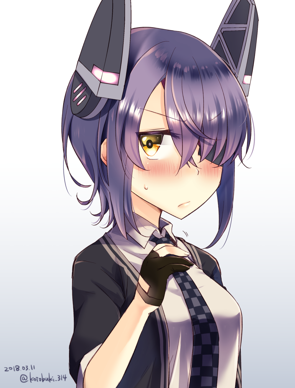 1girl black_gloves black_neckwear blush checkered_neckwear dated eyepatch gloves gradient gradient_background headgear highres kantai_collection kotobuki_(momoko_factory) necktie partly_fingerless_gloves purple_hair short_hair solo tenryuu_(kantai_collection) twitter_username yellow_eyes