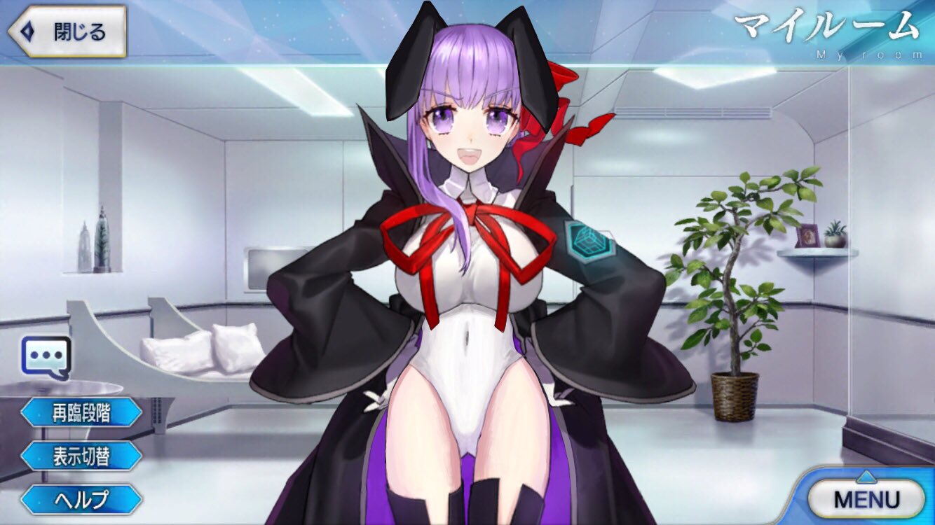 1girl animal_ears bb_(fate/extra_ccc) breasts bunny_girl bunny_tail bunnysuit dmjp50t fake_animal_ears fake_screenshot fate/grand_order fate_(series) gloves hair_ribbon hands_on_hips lace lace-trimmed_thighhighs large_breasts leotard long_hair looking_at_viewer open_mouth purple_hair red_ribbon ribbon solo standing tail thigh-highs very_long_hair violet_eyes white_gloves