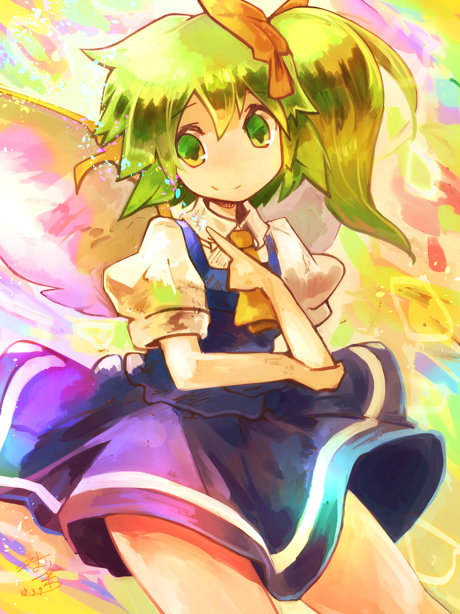 1girl arm_support artist_name ascot blue_skirt blue_vest bow collared_shirt colorful commentary_request coorichasan cowboy_shot daiyousei eyebrows_visible_through_hair green_eyes green_hair hair_bow highres index_finger_raised looking_to_the_side no_nose puffy_short_sleeves puffy_sleeves shirt short_hair short_sleeves side_ponytail skirt skirt_set smile solo touhou vest white_shirt wind wind_lift
