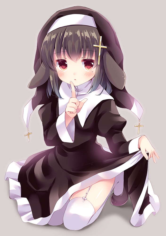 1girl black_hair blush commentary_request cross_hair_ornament finger_to_mouth full_body garter_straps grey_background habit hair_ornament irori lifted_by_self mole mole_under_eye nun original red_eyes shushing simple_background solo thigh-highs white_legwear