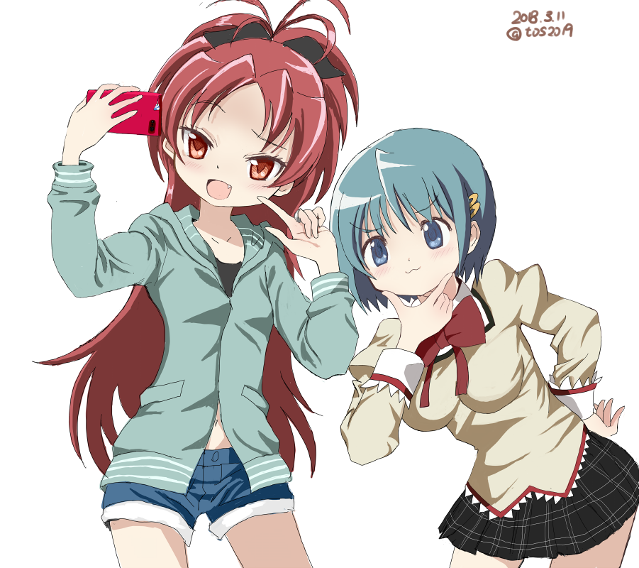 2girls :3 black_bow blue_eyes blue_hair blue_shorts blush bow cellphone chin_stroking dated fang hair_bow hair_ornament hairclip holding holding_phone hood hoodie juuyon leaning_forward long_hair long_sleeves looking_at_phone mahou_shoujo_madoka_magica miki_sayaka miniskirt multiple_girls navel open_mouth phone pleated_skirt ponytail red_bow red_eyes redhead sakura_kyouko school_uniform short_hair shorts simple_background skirt smartphone very_long_hair white_background