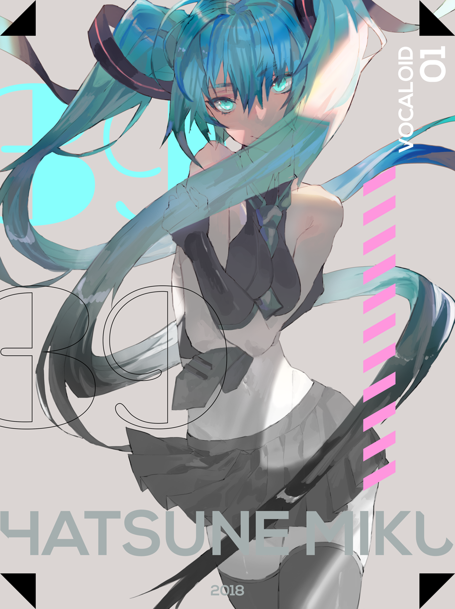 1girl bare_shoulders between_breasts black_skirt blue_eyes blue_hair breasts closed_mouth commentary_request copyright_name cowboy_shot dated detached_sleeves eyebrows_visible_through_hair grey_background hatsune_miku highres kibadori_rue long_hair looking_at_viewer medium_breasts necktie partially_colored pleated_skirt self_hug simple_background skirt smile solo standing thigh-highs twintails vocaloid