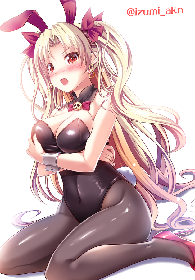 1girl adapted_costume animal_ears bangs black_legwear black_leotard blonde_hair blush bow bowtie breasts bunny_tail bunnysuit cape detached_collar earrings ereshkigal_(fate/grand_order) fate/grand_order fate_(series) high_heels izumi_akane jewelry leotard long_hair looking_at_viewer medium_breasts open_mouth pantyhose parted_bangs rabbit_ears red_cape red_eyes red_footwear red_neckwear simple_background sitting solo strapless strapless_leotard tail tohsaka_rin twitter_username two_side_up wariza white_background wrist_cuffs