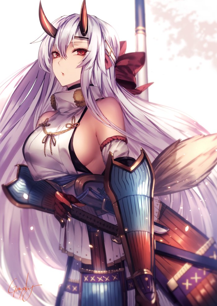 1girl armor bare_shoulders breasts detached_sleeves fate/grand_order fate_(series) horns japanese_clothes katana kyouya_(mukuro238) long_hair looking_at_viewer oni parted_lips red_eyes sheath sheathed sideboob solo sword tomoe_gozen_(fate/grand_order) very_long_hair weapon white_hair