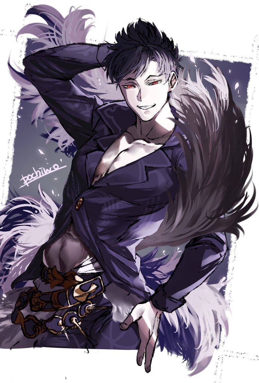 1boy belial_(granblue_fantasy) black_hair black_shirt feather_boa granblue_fantasy hamada_pochiwo highres male_focus midriff pectorals red_eyes shirt short_hair smile solo