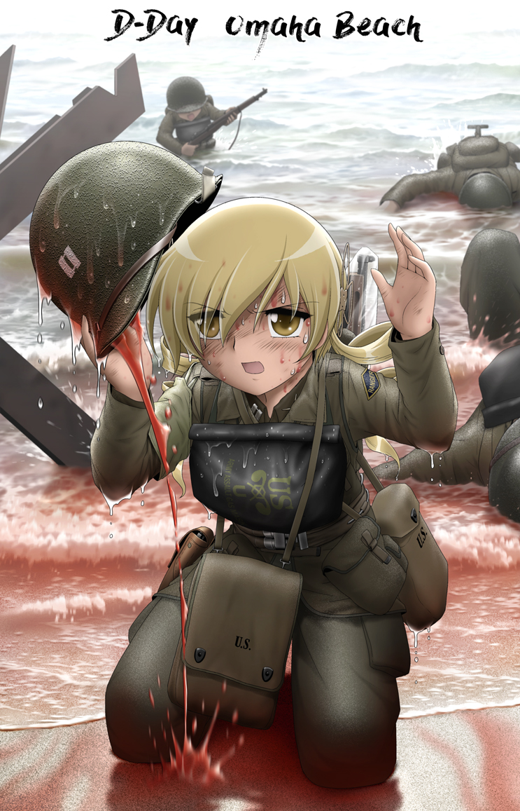 1girl barricade blood dirty gun helmet m1_garand m1_helmet mahou_shoujo_madoka_magica military military_uniform parody rifle saving_private_ryan shingyouji_tatsuya shore tomoe_mami uniform water weapon wet world_war_ii