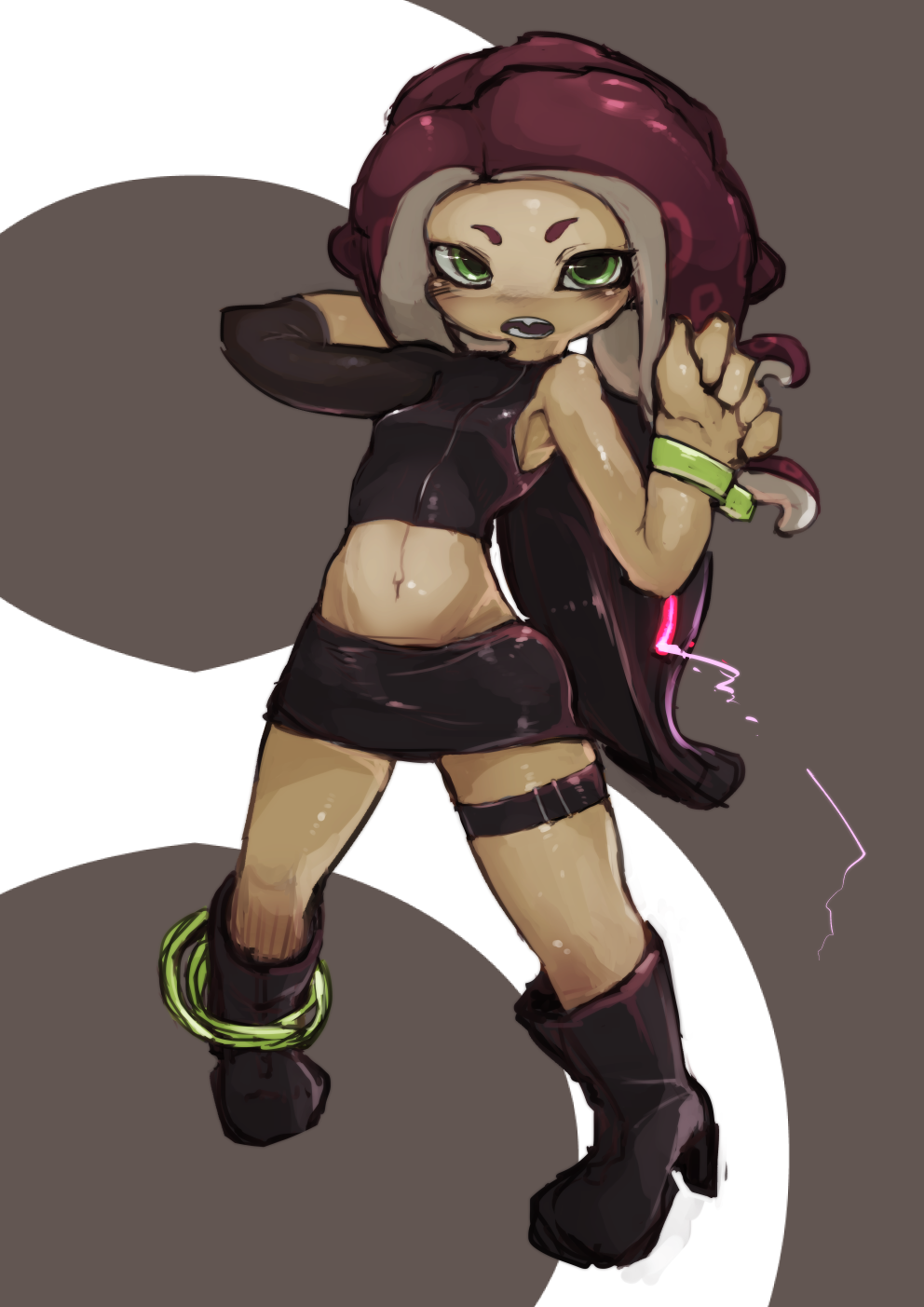 1girl armpits asymmetrical_sleeves boots breasts character_request commentary_request full_body green_eyes hands_up high_heel_boots high_heels highres looking_at_viewer midriff navel octarian open_mouth redhead small_breasts solo splatoon splatoon_2 standing tentacle_hair wristband yeti_(mu_kaiten)
