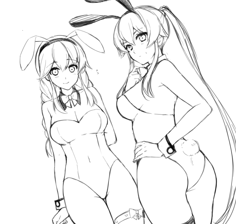2girls alternate_costume animal_ears arm_behind_back ass braid breasts bunny_tail bunnysuit cleavage covered_navel detached_collar dutch_angle fake_animal_ears fake_tail from_behind ichinomiya_(blantte) kantai_collection large_breasts leotard long_hair looking_at_viewer looking_back medium_breasts monochrome multiple_girls noshiro_(kantai_collection) rabbit_ears sidelocks sketch smile tail thigh_strap twin_braids very_long_hair wrist_cuffs yahagi_(kantai_collection)