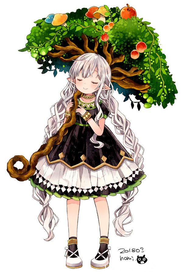 1girl apple braid closed_eyes commentary copyright_request dress food fruit harikamo long_hair pointy_ears puffy_short_sleeves puffy_sleeves short_sleeves simple_background smile solo tree twin_braids very_long_hair white_background white_hair wristband