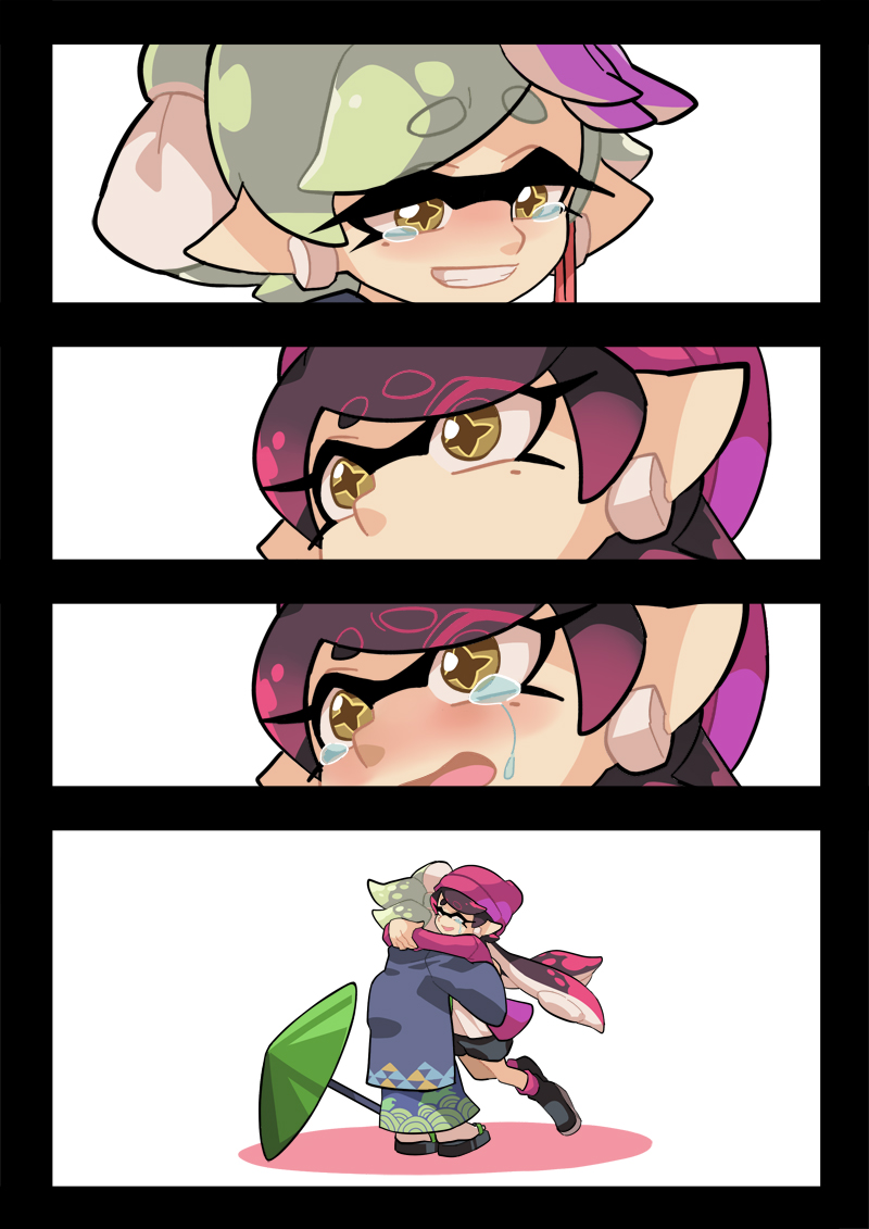 1girl 2girls aori_(splatoon) beanie black_border border comic cousins hat hotaru_(splatoon) hug japanese_clothes kimono multiple_girls pointy_ears purple_hair silver_hair smile splatoon splatoon_2 tears tentacle_hair wong_ying_chee