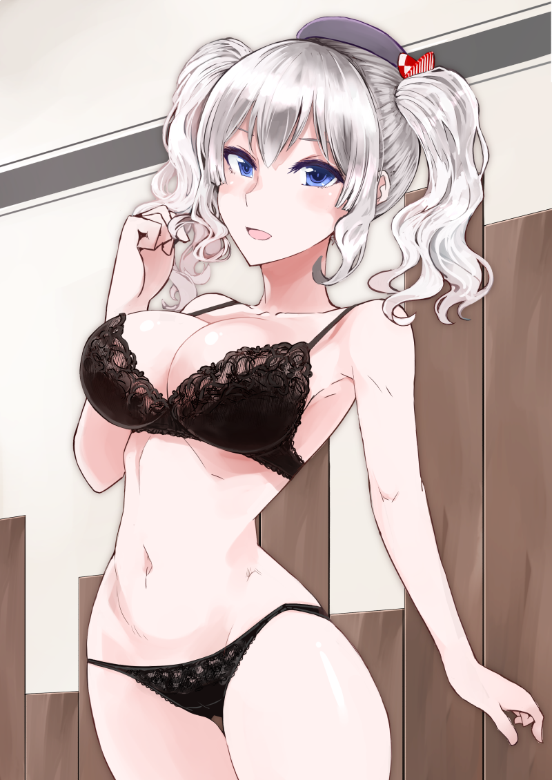 1girl :d bare_arms bare_shoulders beret black_bra black_hat black_panties blush bra breasts cleavage collarbone cosaten cowboy_shot hand_up hat indoors kantai_collection kashima_(kantai_collection) large_breasts lingerie navel open_mouth panties shiny shiny_hair shiny_skin short_hair short_twintails sidelocks silver_hair smile solo standing stomach thigh_gap twintails underwear underwear_only wavy_hair