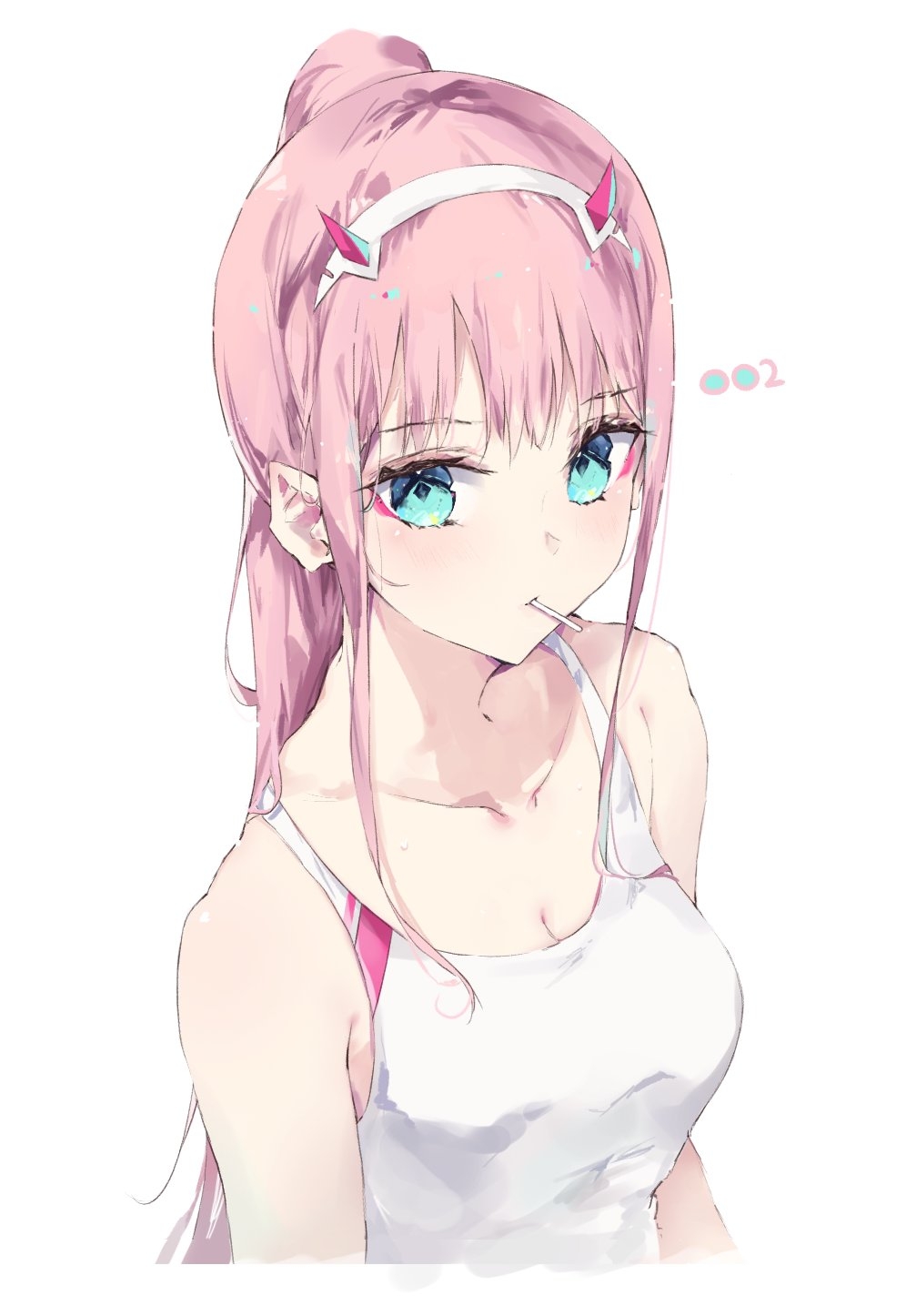 1girl aqua_eyes bangs bare_shoulders blush breasts candy character_name cleavage collarbone competition_swimsuit darling_in_the_franxx eyebrows_visible_through_hair eyeshadow food hairband highres horns lollipop long_hair makeup medium_breasts mouth_hold one-piece_swimsuit pink_hair pointy_ears ponytail simple_background solo swimsuit tr_(hareru) upper_body white_background white_hairband white_swimsuit zero_two_(darling_in_the_franxx)