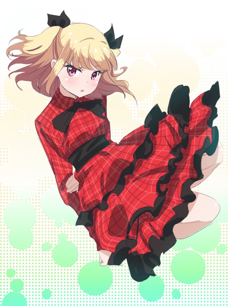 1girl arms_behind_back black_footwear black_ribbon blonde_hair blush dress eyebrows_visible_through_hair floating_hair frilled_dress frills full_body hair_ribbon iijima_yun layered_dress long_hair looking_at_viewer new_game! open_mouth red_dress red_eyes ribbon shoes sketch solo twintails