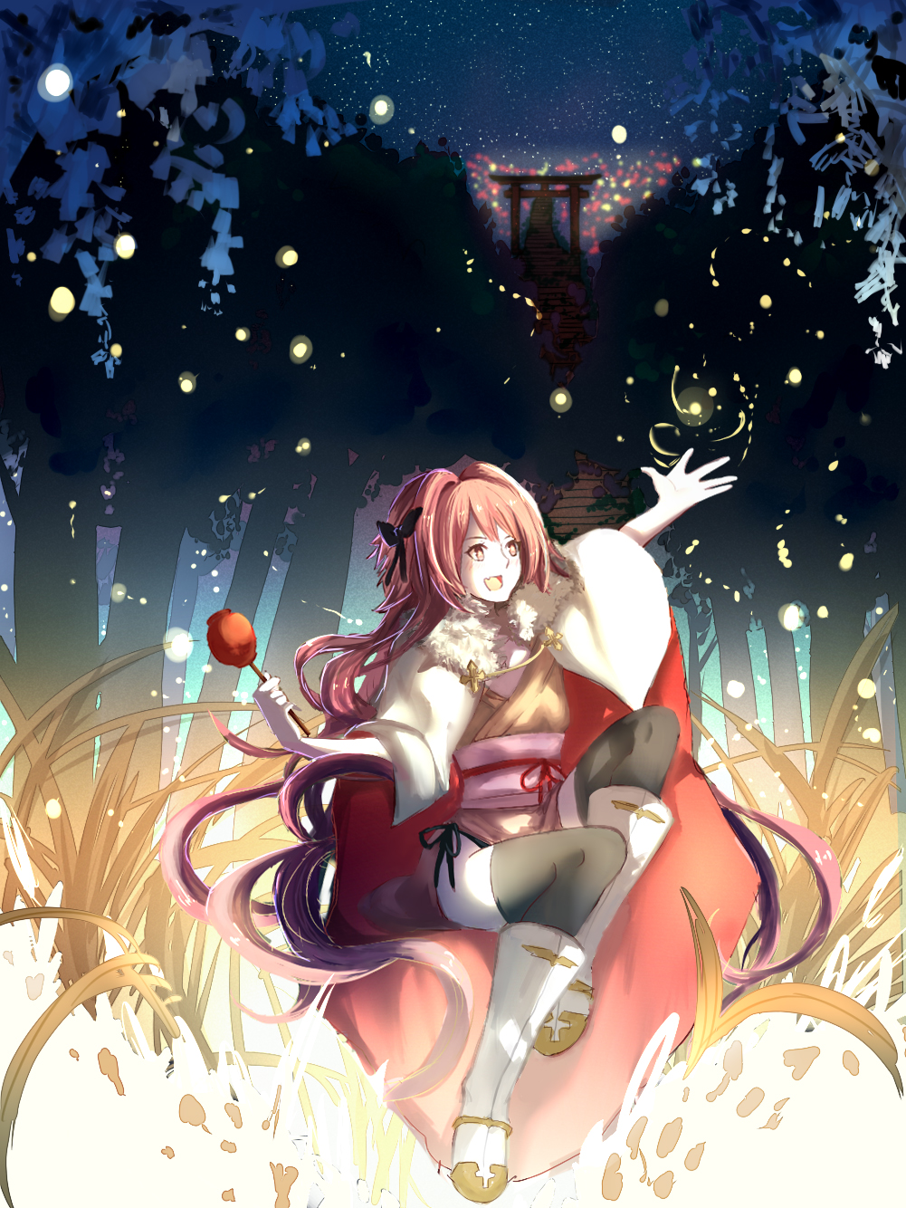 1boy :d alternate_hairstyle arm_up astolfo_(fate) bangs black_bow black_legwear blue_sky blush boots bow candy_apple cloak collarbone commentary_request fang fate/apocrypha fate_(series) fireflies food forest full_body fur-trimmed_cloak fur_collar glowing grass hair_bow hair_intakes hand_up highres holding holding_food japanese_clothes kimono knee_boots knee_up long_hair long_sleeves looking_afar male_focus multicolored_hair nature night night_sky obi obijime open_mouth orange_kimono outdoors pink_hair sash side_slit sitting sky smile solo star_(sky) starry_sky streaked_hair summer_festival thigh-highs torii trap tree two-tone_hair very_long_hair violet_eyes white_cloak white_footwear white_hair yukata