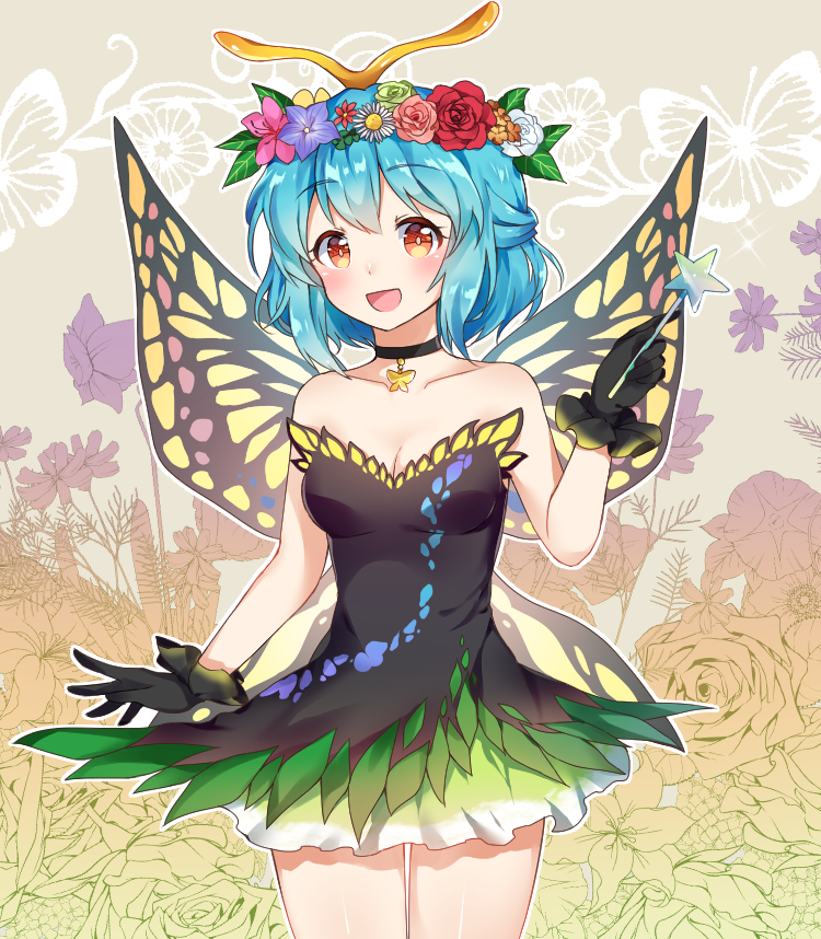 1girl adapted_costume antennae bare_arms bare_shoulders black_dress black_gloves blue_hair blush breasts butterfly_wings caramell0501 choker cleavage collarbone commentary_request cowboy_shot dress eternity_larva eyebrows_visible_through_hair flower flower_wreath gloves green_dress hair_flower hair_ornament head_wreath holding holding_wand leaf looking_at_viewer medium_breasts multicolored multicolored_clothes multicolored_dress open_mouth short_hair smile solo standing strapless strapless_dress touhou wand wings yellow_eyes