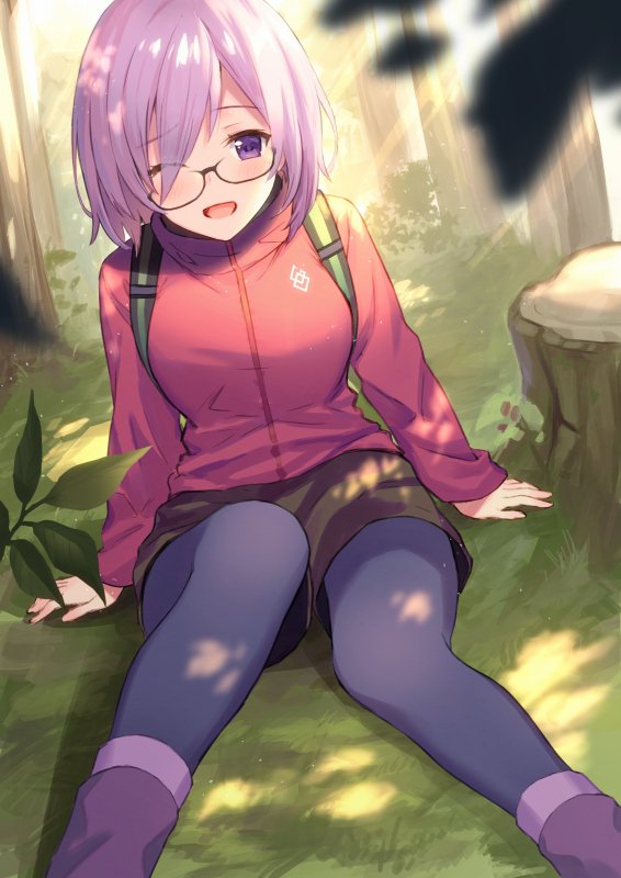 1girl ;d alternate_costume arms_at_sides backpack bag black-framed_eyewear blurry blurry_foreground blush boots brown_shorts day depth_of_field eyes_visible_through_hair fate/grand_order fate_(series) feet_out_of_frame flower forest glasses hair_flower hair_ornament haru_(hiyori-kohal) jacket light_rays long_sleeves looking_at_viewer mash_kyrielight nature on_ground one_eye_closed open_mouth outdoors pantyhose pantyhose_under_shorts pink_hair purple_footwear purple_legwear red_jacket shiny shiny_hair short_hair shorts sitting smile solo sunbeam sunlight tree_stump violet_eyes