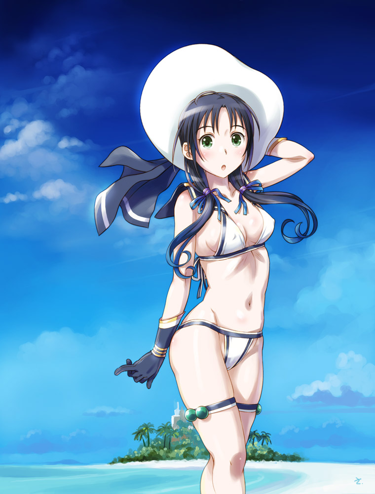 1girl adapted_costume beach bikini black_gloves black_hair blue_ribbon blue_sky breasts clouds commentary_request cowboy_shot erect_nipples gloves green_eyes hair_ribbon hat kantai_collection long_hair looking_at_viewer low_twintails medium_breasts navel open_mouth outdoors ribbon sameha_ikuya sky solo standing sun_hat suzukaze_(kantai_collection) swimsuit twintails white_bikini white_hat