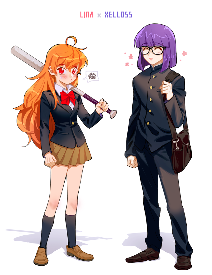 1203_taro 1boy 1girl alternate_costume baseball_bat closed_eyes glasses lina_inverse orange_hair purple_hair red_eyes school_uniform slayers xelloss