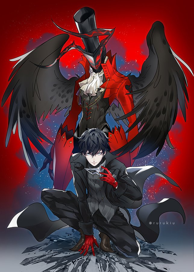 1boy amamiya_ren arsene_(persona_5) artist_request black_hair chains gloves hat looking_at_viewer male_focus mask persona persona_5 red_eyes short_hair smile solo top_hat weapon wings