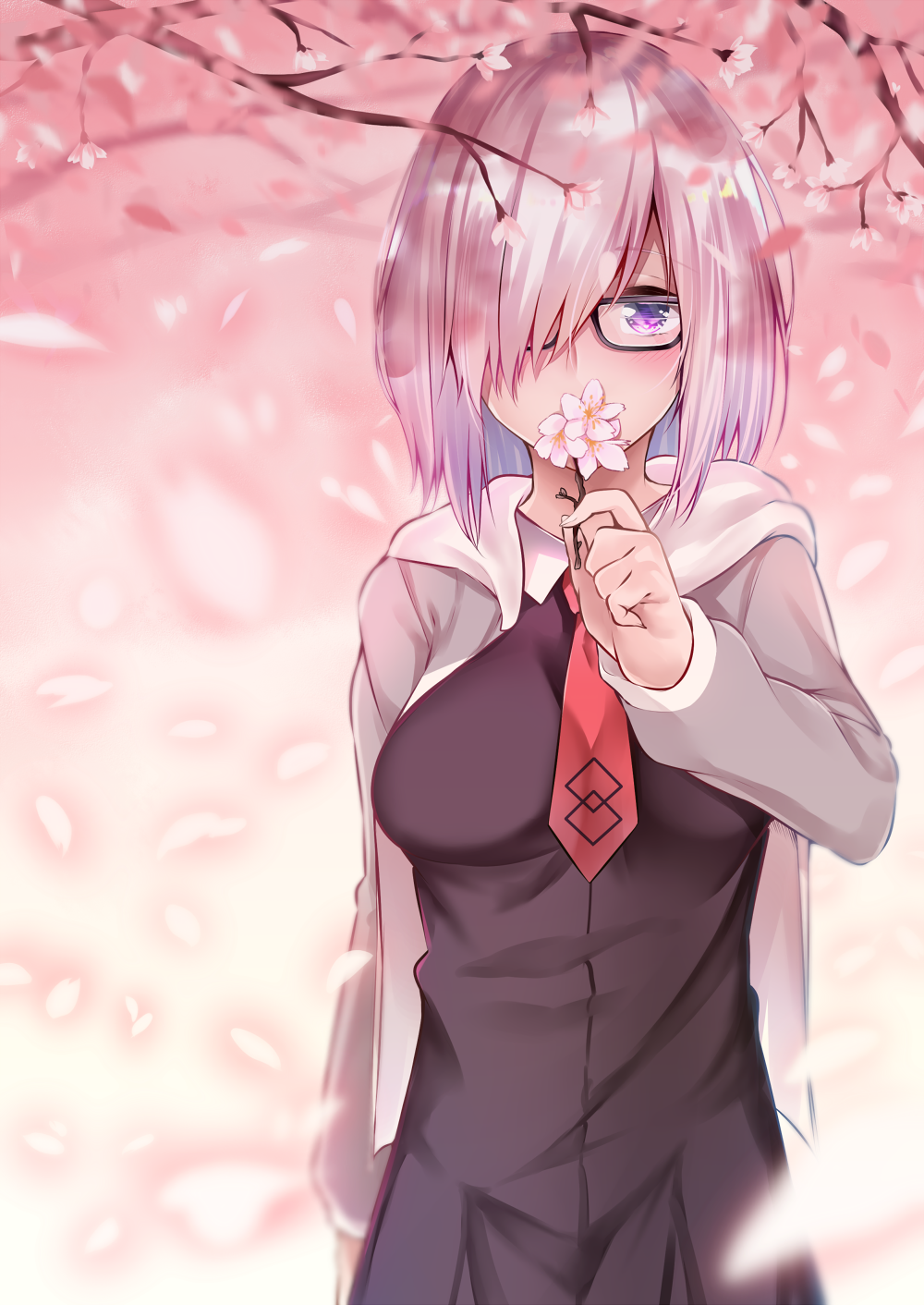 1girl arm_at_side between_breasts black-framed_eyewear black_dress blurry blush breasts cherry_blossoms depth_of_field dress fate/grand_order fate_(series) flower glasses grey_jacket hair_over_one_eye highres holding holding_flower jacket long_sleeves looking_at_viewer mash_kyrielight medium_breasts necktie necktie_between_breasts open_clothes open_jacket petals pink_hair red_neckwear shiny shiny_hair short_hair solo track_jacket tree_branch upper_body violet_eyes yuu-kun_(linke_hand)