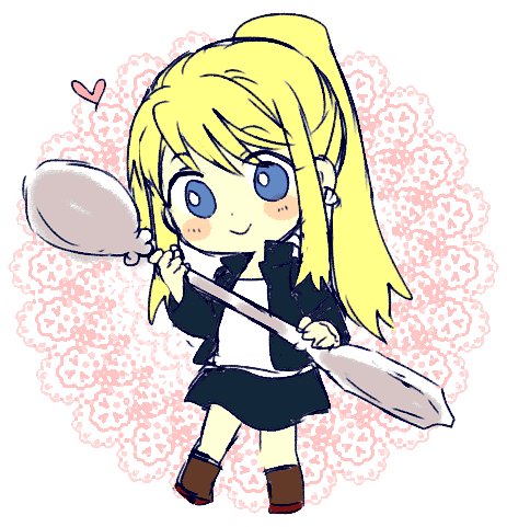 1girl blonde_hair blue_eyes blush blush_stickers boots chibi earrings eyebrows_visible_through_hair fullmetal_alchemist happy heart holding jacket jewelry long_hair lowres pink_background ponytail shirt simple_background skirt smile solo_focus spoon tsukuda0310 white_background white_shirt winry_rockbell