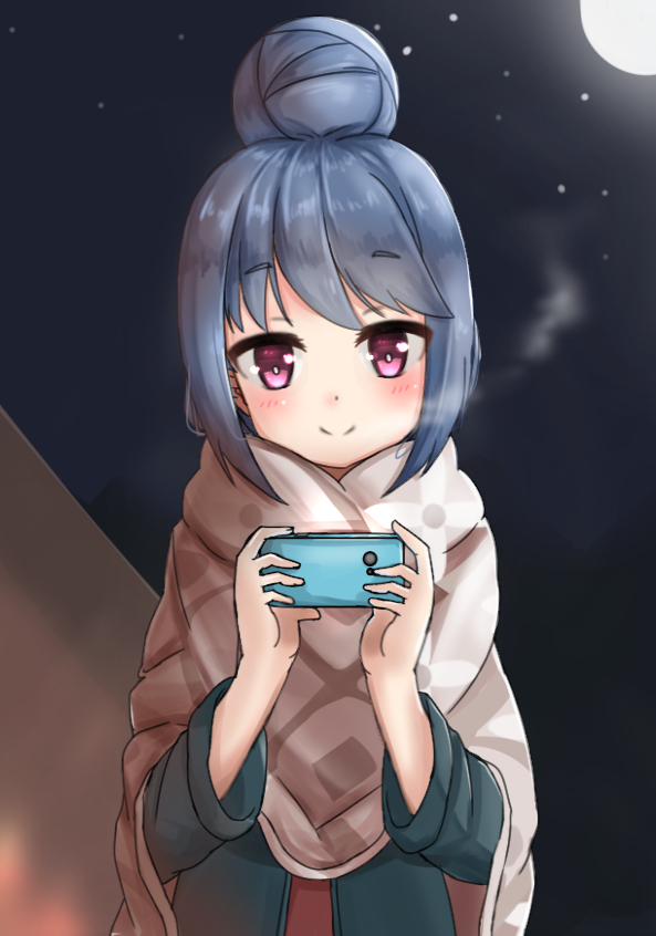 1girl blanket blue_hair blush breath cellphone cellphone_camera coat cold eyebrows_visible_through_hair hair_bun head_tilt looking_at_viewer moon night outdoors phone pink_eyes shima_rin short_hair sidelocks smile solo star_(sky) tent ty_kaede upper_body yurucamp