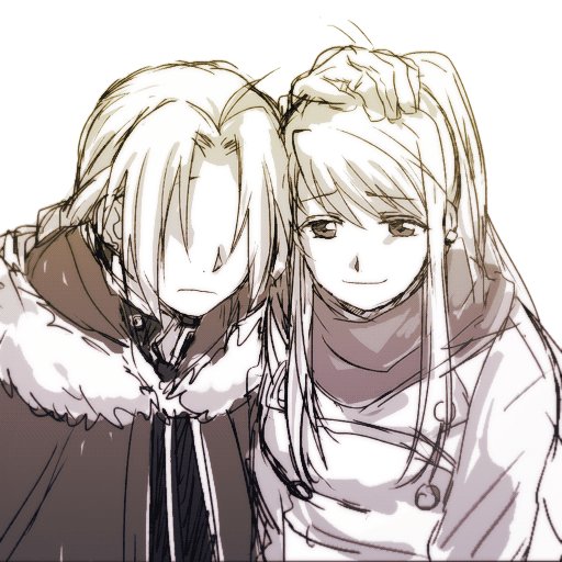 1boy 1girl bangs braid coat earrings edward_elric expressionless eyebrows_visible_through_hair fullmetal_alchemist gloves greyscale hand_on_another's_head jewelry long_hair looking_down monochrome ponytail scarf shaded_face simple_background smile tsukuda0310 white_background winry_rockbell