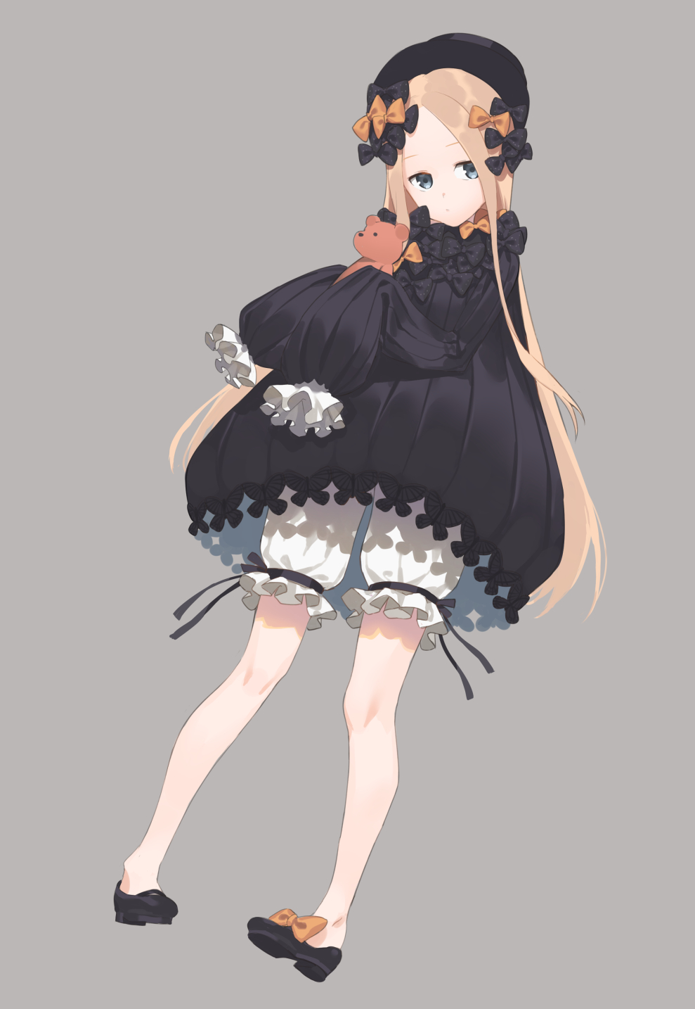 1girl 2l_(2lsize) abigail_williams_(fate/grand_order) bangs black_bow black_dress black_footwear black_hat bloomers blue_eyes bow butterfly closed_mouth commentary_request dress fate/grand_order fate_(series) forehead grey_background hair_bow hat highres holding holding_stuffed_animal light_brown_hair long_hair long_sleeves mary_janes orange_bow parted_bangs polka_dot polka_dot_bow shoes simple_background sleeves_past_fingers sleeves_past_wrists solo stuffed_animal stuffed_toy teddy_bear underwear very_long_hair white_bloomers
