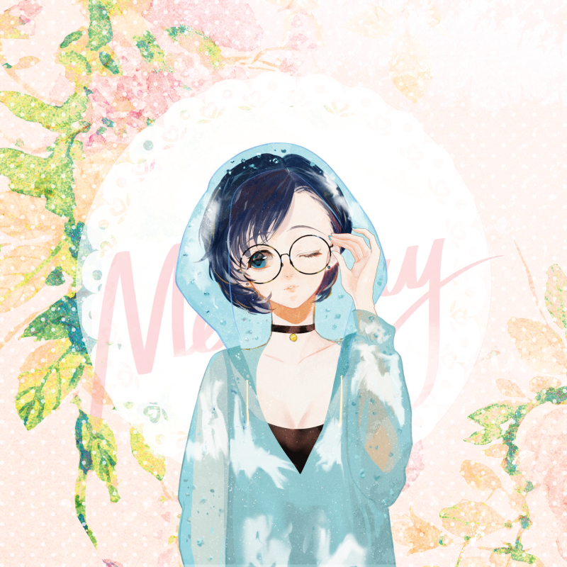 1girl adjusting_eyewear bangs bishoujo_senshi_sailor_moon black_choker blue_eyes blue_hair breasts choker cleavage glasses hand_up head_tilt hood hood_up mizuno_ami one_eye_closed parted_lips raincoat round_eyewear sailor_mercury say_hana short_hair solo upper_body