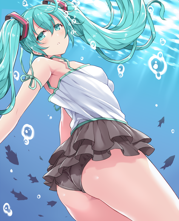 1girl air_bubble aqua_eyes aqua_hair ass bubble camisole fish hasu_(hk_works) hatsune_miku long_hair looking_at_viewer skirt solo submerged twintails underwater vocaloid
