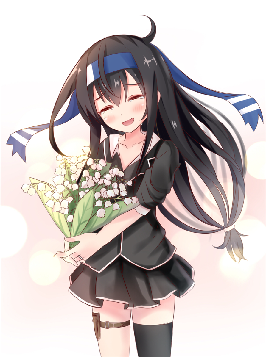 1girl black_hair black_legwear blazer blush closed_eyes cuiseika flower hatsushimo_(kantai_collection) headband highres jacket jewelry kantai_collection long_hair low-tied_long_hair open_mouth pleated_skirt remodel_(kantai_collection) ring school_uniform single_thighhigh skirt smile solo tears thigh-highs wedding_ring