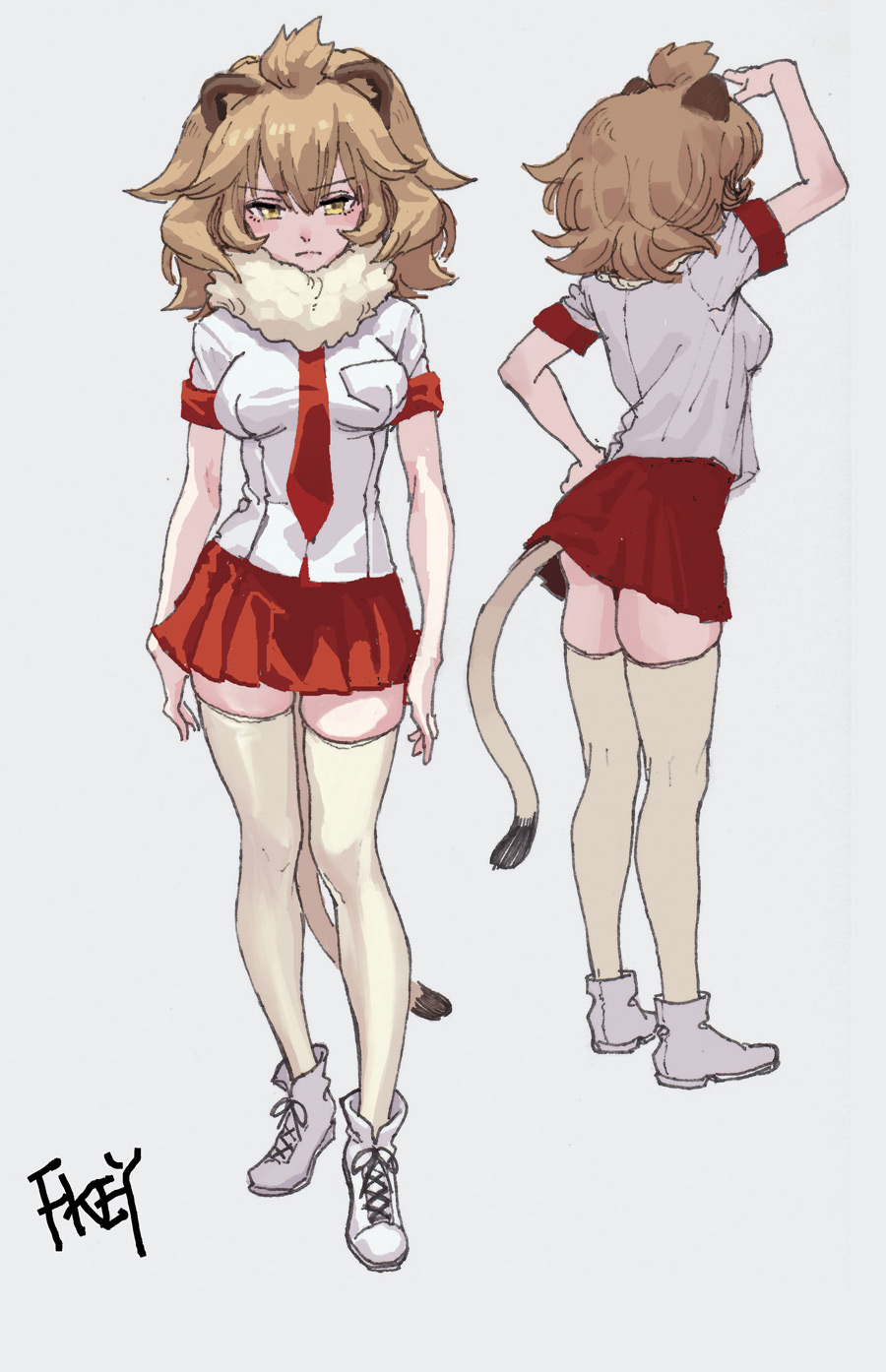 1girl animal_ears artist_name blonde_hair breasts commentary_request fkey from_behind grey_background hair_between_eyes hand_on_hip hand_up highres kemono_friends lion_(kemono_friends) lion_ears lion_tail medium_breasts multiple_views necktie red_neckwear shirt shoes short_sleeves simple_background sneakers tail thigh-highs white_footwear white_legwear white_shirt yellow_eyes zettai_ryouiki