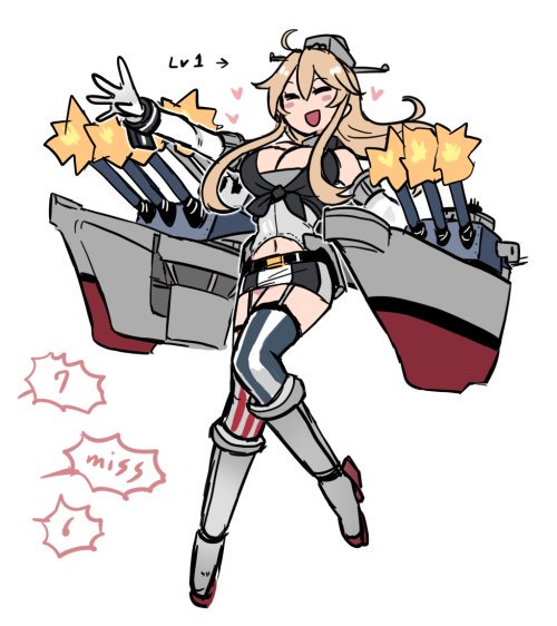 1girl :d ahoge american_flag american_flag_print blonde_hair blush breasts cannon cleavage closed_eyes commentary_request elbow_gloves firing flag_print full_body garter_straps gloves heart iowa_(kantai_collection) kantai_collection large_breasts long_hair microskirt navel open_mouth rigging sidelocks skirt smile solo terrajin thigh-highs turret