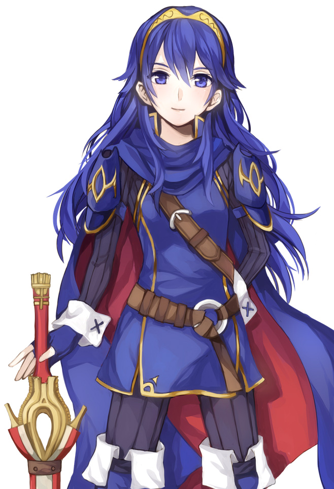 1girl blue_eyes blue_hair falchion_(fire_emblem) fire_emblem fire_emblem:_kakusei fire_emblem_heroes jurge long_hair looking_at_viewer lucina simple_background smile solo sword tiara weapon