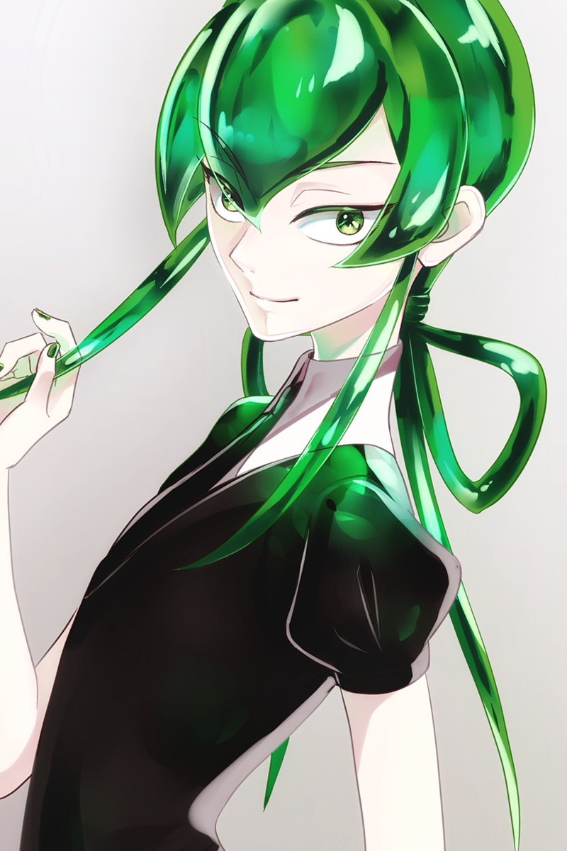 androgynous eyebrows_visible_through_hair gem_uniform_(houseki_no_kuni) glowing gradient gradient_background green_eyes green_hair highres houseki_no_kuni jade_(houseki_no_kuni) looking_at_viewer nail_polish necktie otton puffy_short_sleeves puffy_sleeves short_sleeves simple_background smile tied_hair