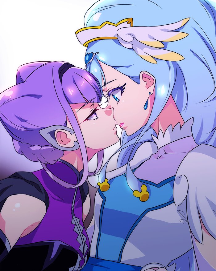 2girls blue_eyes blue_hair cure_ange earrings hugtto!_precure jewelry lips long_hair magical_girl multiple_girls negom ponytail precure purple_hair ruru_amour short_hair violet_eyes yakushiji_saaya