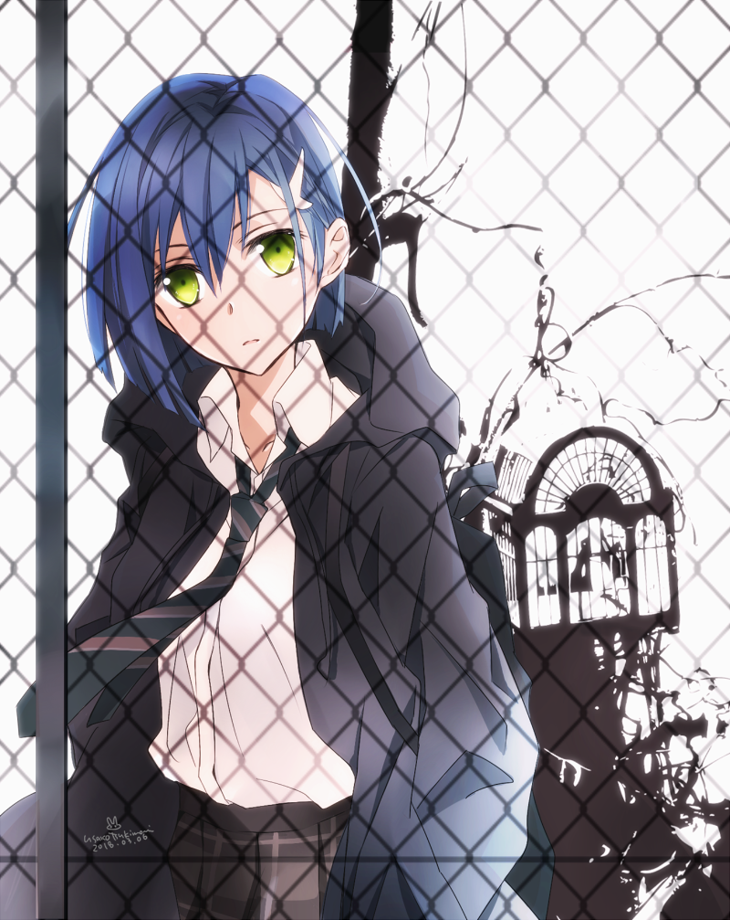 1girl bangs black_hoodie black_neckwear blue_hair brown_skirt chain-link_fence collared_shirt commentary_request darling_in_the_franxx drawstring eyebrows_visible_through_hair fence green_eyes hair_between_eyes hair_ornament head_tilt hood hood_down hoodie ichigo_(darling_in_the_franxx) looking_at_viewer necktie open_clothes open_hoodie parted_lips plaid plaid_skirt pleated_skirt shirt short_hair skirt solo tsukimori_usako white_background white_shirt