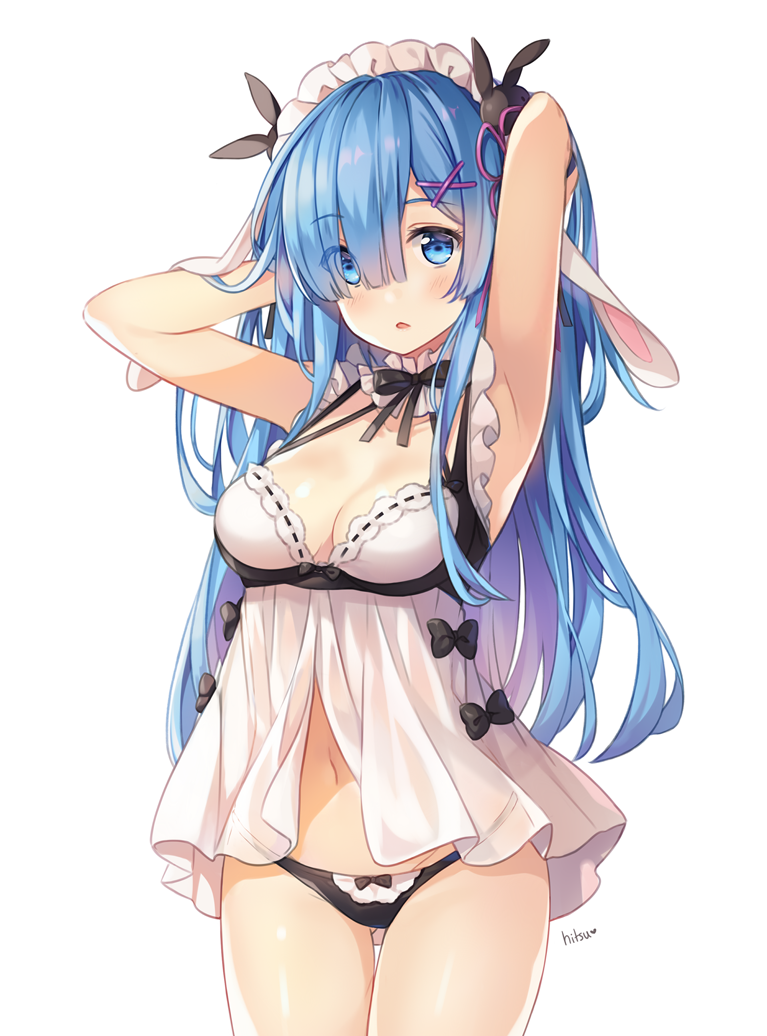 1girl arms_up artist_name babydoll bangs bare_arms bare_shoulders black_bow black_panties black_ribbon blue_eyes blue_hair blush bow bow_panties breasts bunny_hair_ornament collarbone commentary cowboy_shot detached_collar eyebrows_visible_through_hair gluteal_fold groin hair_ornament hair_over_one_eye hands_in_hair head_tilt heart hitsukuya long_hair looking_at_viewer maid_headdress medium_breasts navel older panties parted_lips re:zero_kara_hajimeru_isekai_seikatsu rem_(re:zero) ribbon ribbon_trim simple_background solo thigh_gap underwear underwear_only very_long_hair white_background x_hair_ornament