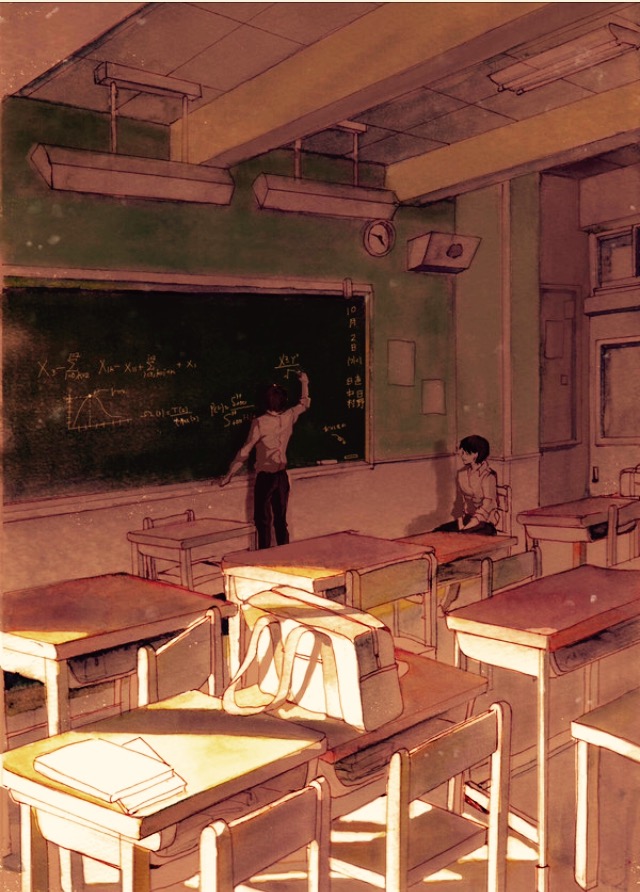 2boys backpack bag black_pants chair chalk chalkboard clock collared_shirt commentary commentary_request desk fluorescent_lamp hisui_(komeko) indoors long_sleeves male_focus multiple_boys original pants paper scenery school school_chair school_desk shadow shirt short_hair speaker sunlight writing