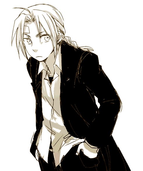 1boy bandage black_jacket braid edward_elric expressionless eyebrows_visible_through_hair formal fullmetal_alchemist hand_in_pocket jacket looking_away male_focus monochrome pants shirt simple_background tsukuda0310 white_background white_shirt