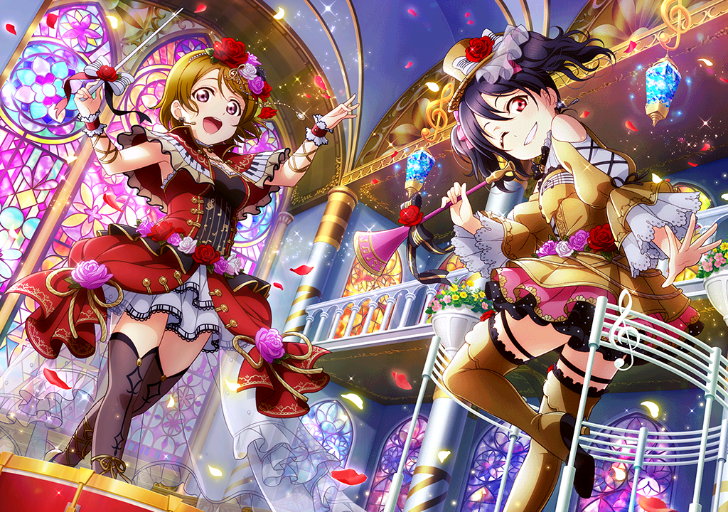 2girls alternate_costume artist_request bangs bare_shoulders beamed_quavers black_hair boots breasts brown_hair church conductor dress earrings flat_chest flower frills grin hair_flower hair_ornament hat holding indoors jewelry koizumi_hanayo long_sleeves looking_at_viewer love_live! love_live!_school_idol_festival love_live!_school_idol_project medium_breasts multiple_girls musical_note musical_note_hair_ornament official_art one_eye_closed open_mouth petals pink_flower pink_rose red_dress red_flower red_rose rose smile stained_glass thigh-highs thigh_boots top_hat white_flower white_rose window wrist_cuffs yazawa_nico yellow_dress