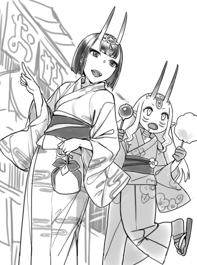 2girls bangs bob_cut fate/grand_order fate_(series) food hair_ornament horns ibaraki_douji_(fate/grand_order) japanese_clothes kimono long_hair multiple_girls nekomata_naomi obi oni_horns open_mouth sash short_hair shuten_douji_(fate/grand_order)