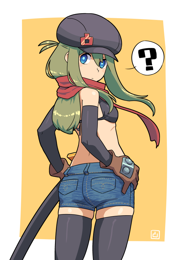 1girl ? ass bikini_top black_bikini_top black_hat black_legwear blue_eyes breasts bright_pupils brown_gloves cabbie_hat closed_mouth cowboy_shot denim denim_shorts detached_sleeves enpera gloves green_hair hair_between_eyes hand_on_hip hat holding long_hair long_sleeves looking_at_viewer muu_(mumumer) orange_background original outside_border pocket red_scarf scarf sheath sheathed shiny shiny_hair shorts simple_background small_breasts solo speech_bubble spoken_question_mark standing tareme thigh-highs