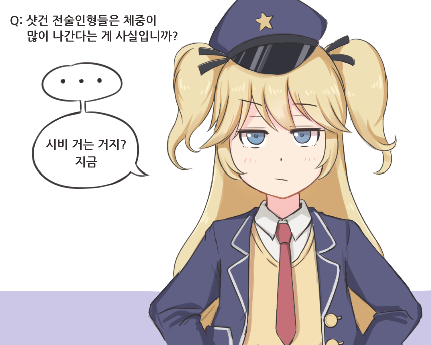 1girl annoyed artist_request blue_eyes flat_chest girls_frontline hat korean long_hair looking_at_viewer necktie police police_hat police_uniform solo super_shorty_(girls_frontline) translation_request twintails uniform white_background