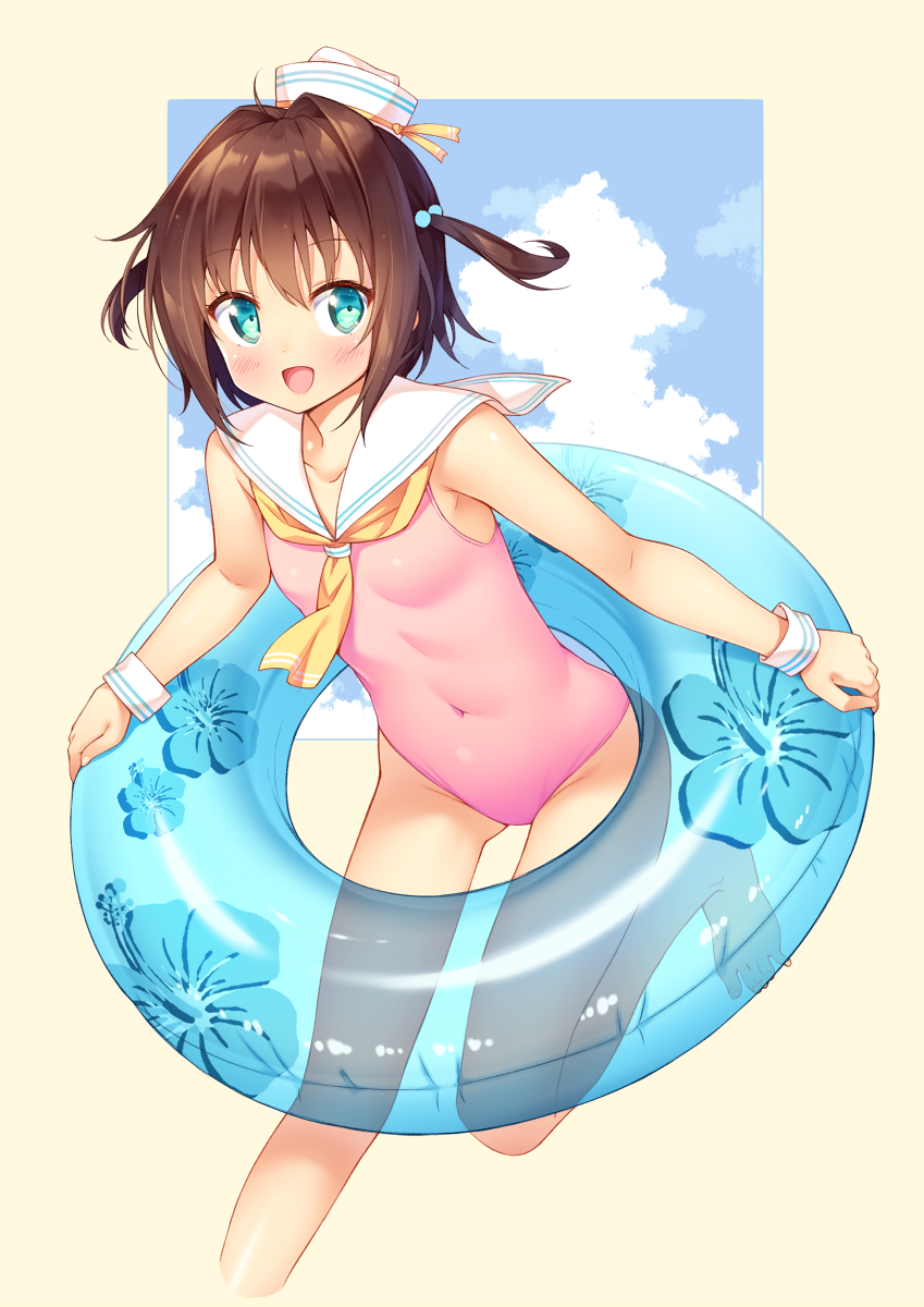 1girl :d ahoge aqua_eyes bangs bare_arms bare_legs bare_shoulders barefoot blue_sky blush breasts brown_hair clouds covered_navel cropped_legs day floral_print hair_intakes hat hibiscus_print highres ichi_makoto innertube leaning_forward leg_up looking_at_viewer mini_hat neckerchief open_mouth original outside_border pink_swimsuit sailor_collar sailor_hat sailor_swimsuit short_hair skin_tight sky small_breasts smile standing standing_on_one_leg swimsuit tareme transparent two_side_up white_hat yellow_background