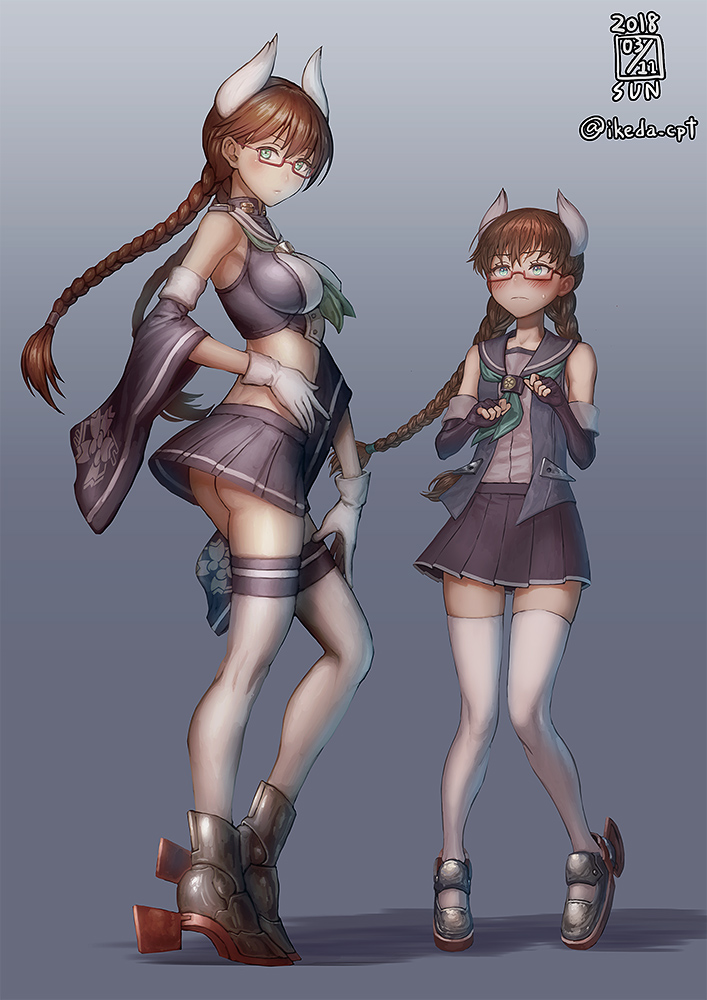 2girls ass azur_lane blue_background blue_sailor_collar blush boots braid breasts brown_hair character_request closed_mouth commentary_request contrapposto crop_top dated detached_sleeves elbow_gloves fingerless_gloves gloves green_eyes green_neckwear horns ikeda_(cpt) kako_(azur_lane) large_breasts long_hair looking_at_viewer metal_boots multiple_girls neckerchief sailor_collar school_uniform semi-rimless_eyewear serafuku signature single_braid small_breasts thigh-highs twitter_username under-rim_eyewear white_legwear wide_sleeves